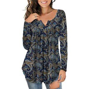 Plus Size Floral Tunic – Long Sleeve Casual Henley V-Neck Shirt for Women